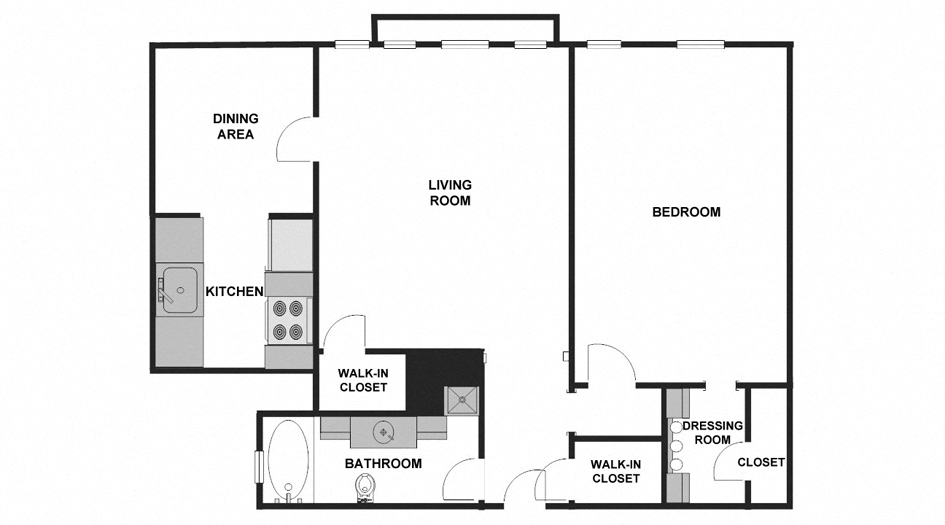 Floor plan for 1 bed, 1 bath, 830 sqft